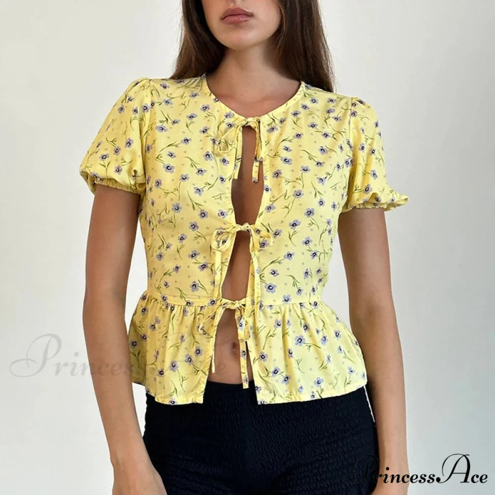 Voluminous Sleeve Ribbon Crop Top yellow / S croptop-250223