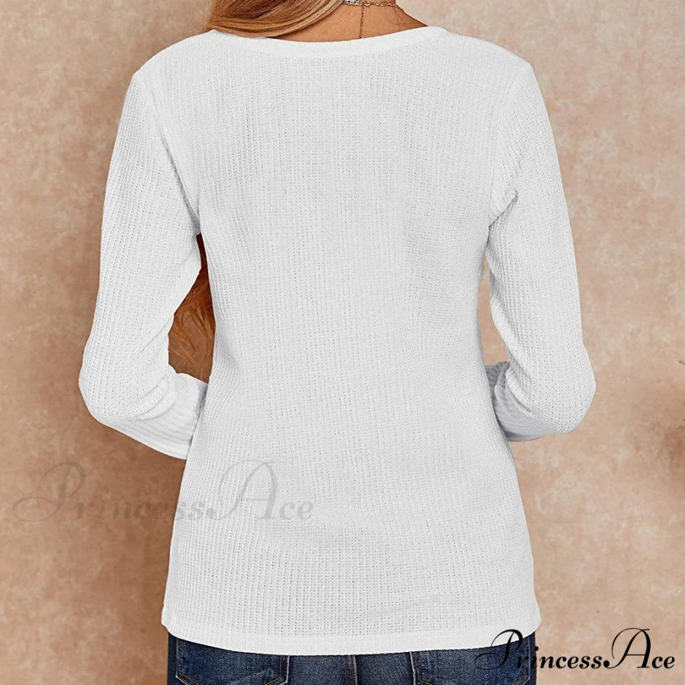 Waffle Neck Tops Knit Henley V for Women