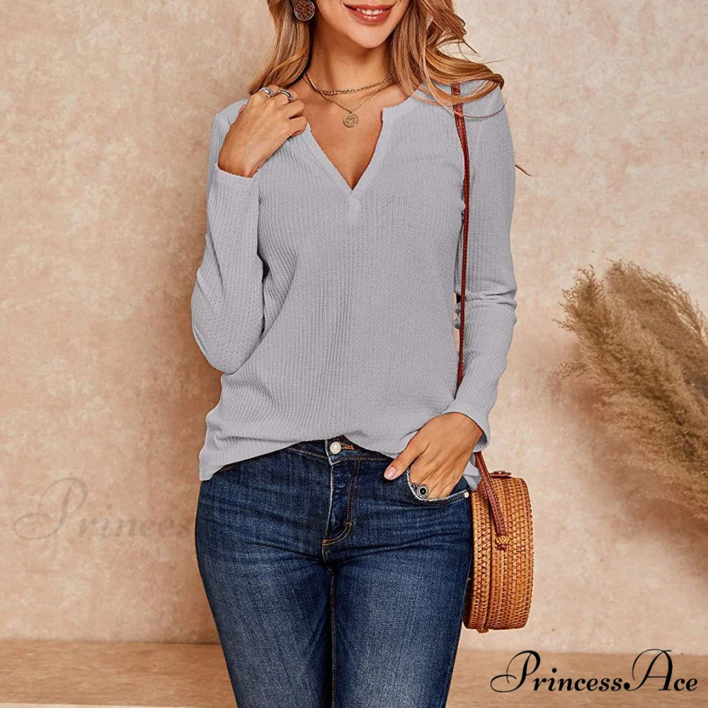 Waffle Neck Tops Knit Henley V for Women