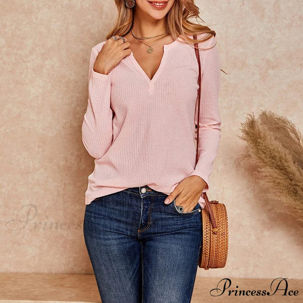 Waffle Neck Tops Knit Henley V for Women
