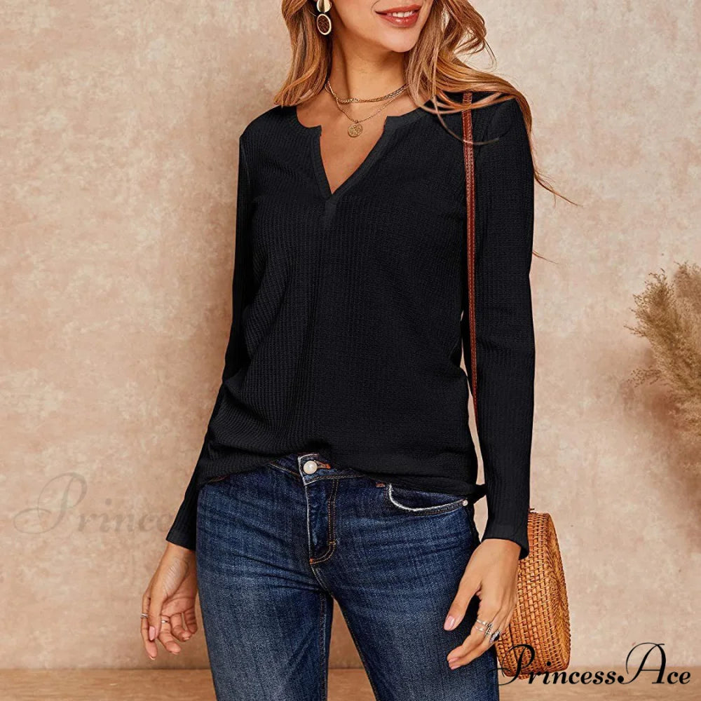 Waffle Neck Tops Knit Henley V for Women