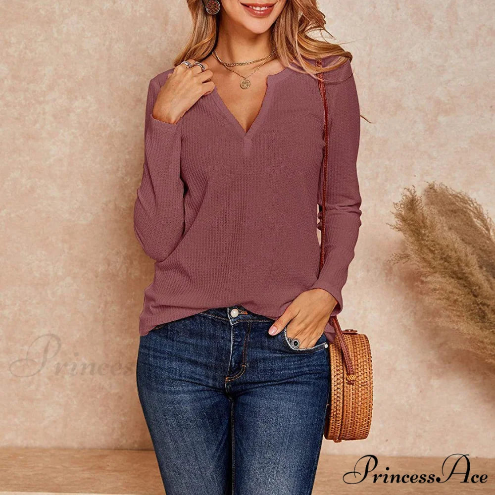Waffle Neck Tops Knit Henley V for Women