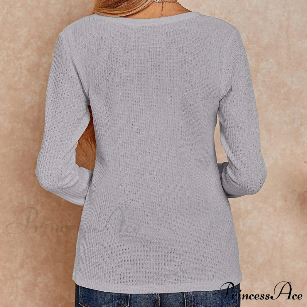 Waffle Neck Tops Knit Henley V for Women