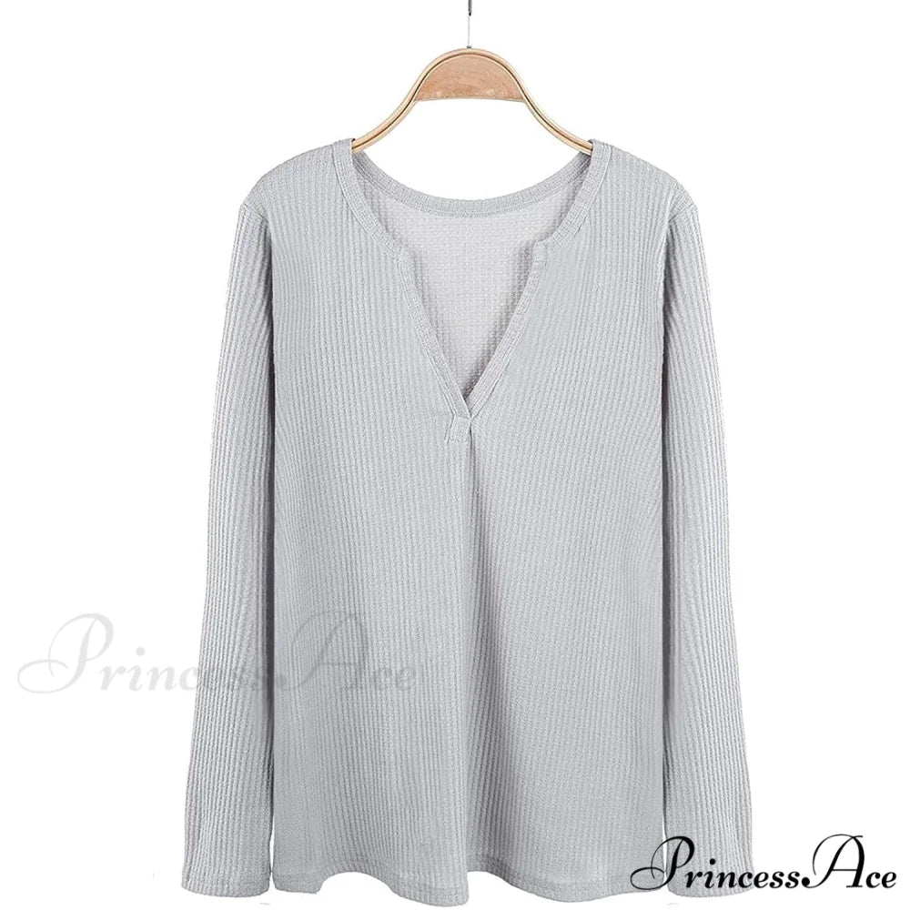 Waffle Neck Tops Knit Henley V for Women