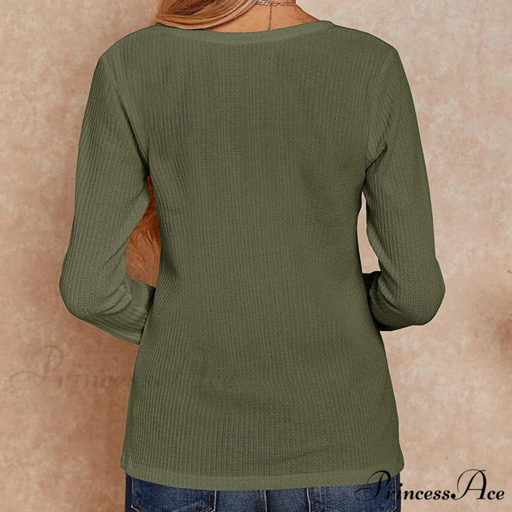 Waffle Neck Tops Knit Henley V for Women