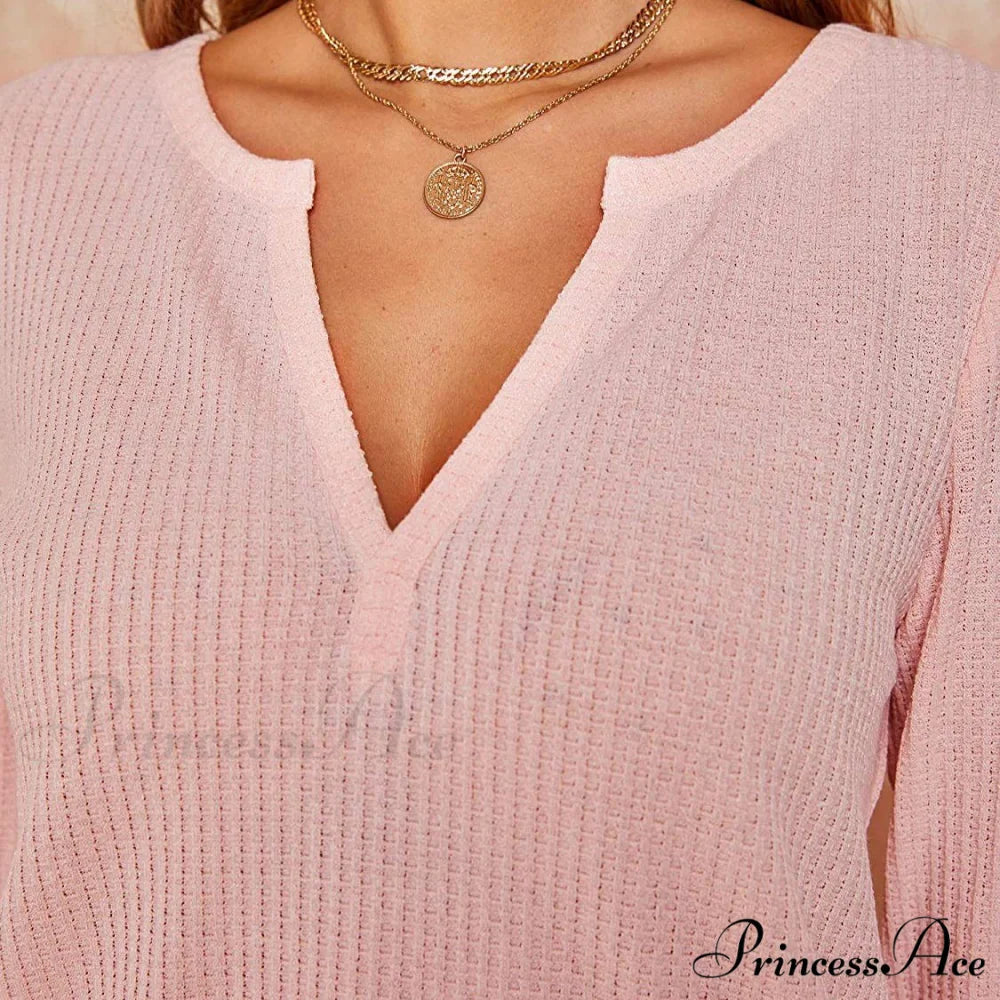 Waffle Neck Tops Knit Henley V for Women