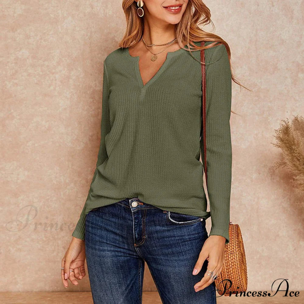 Waffle Neck Tops Knit Henley V for Women
