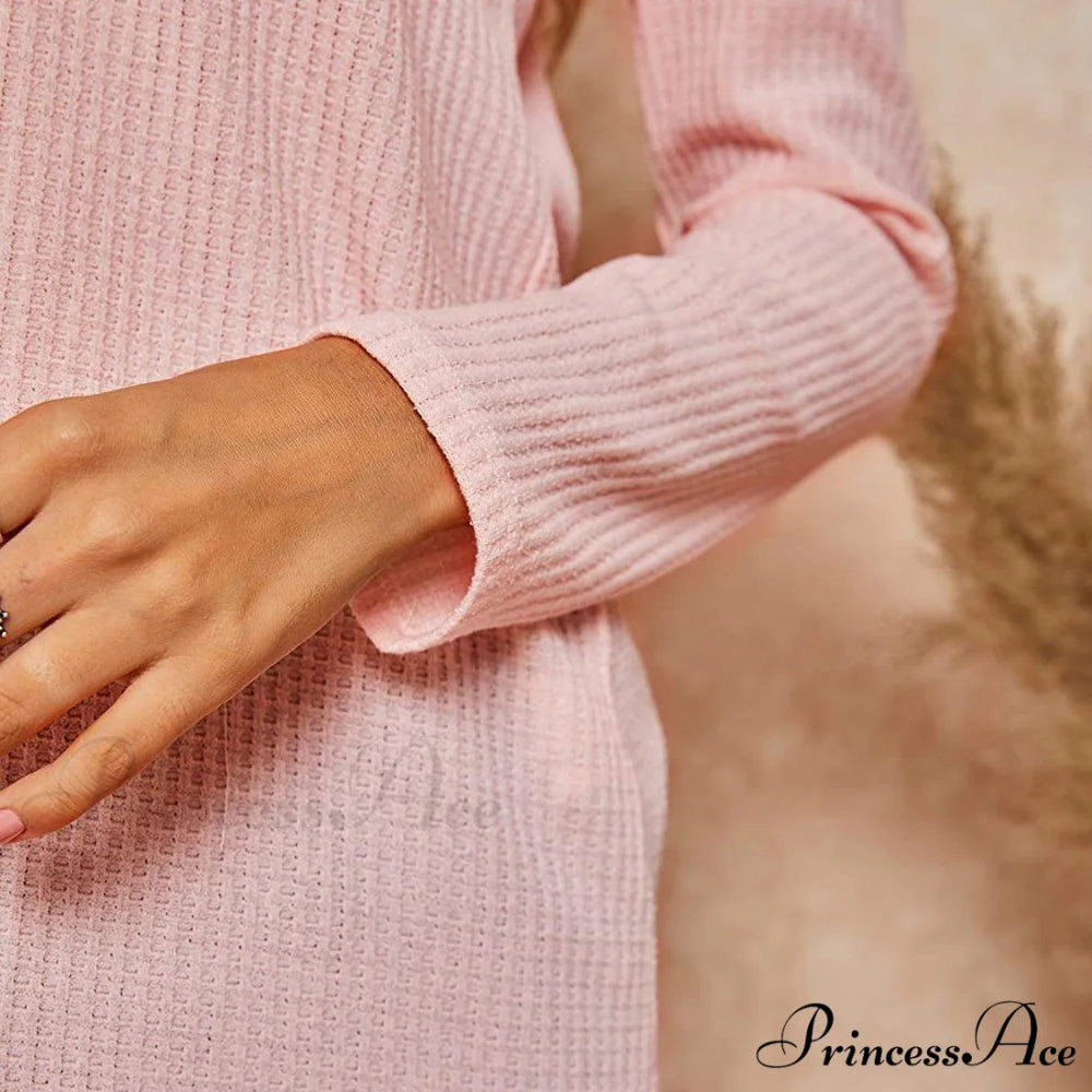 Waffle Neck Tops Knit Henley V for Women