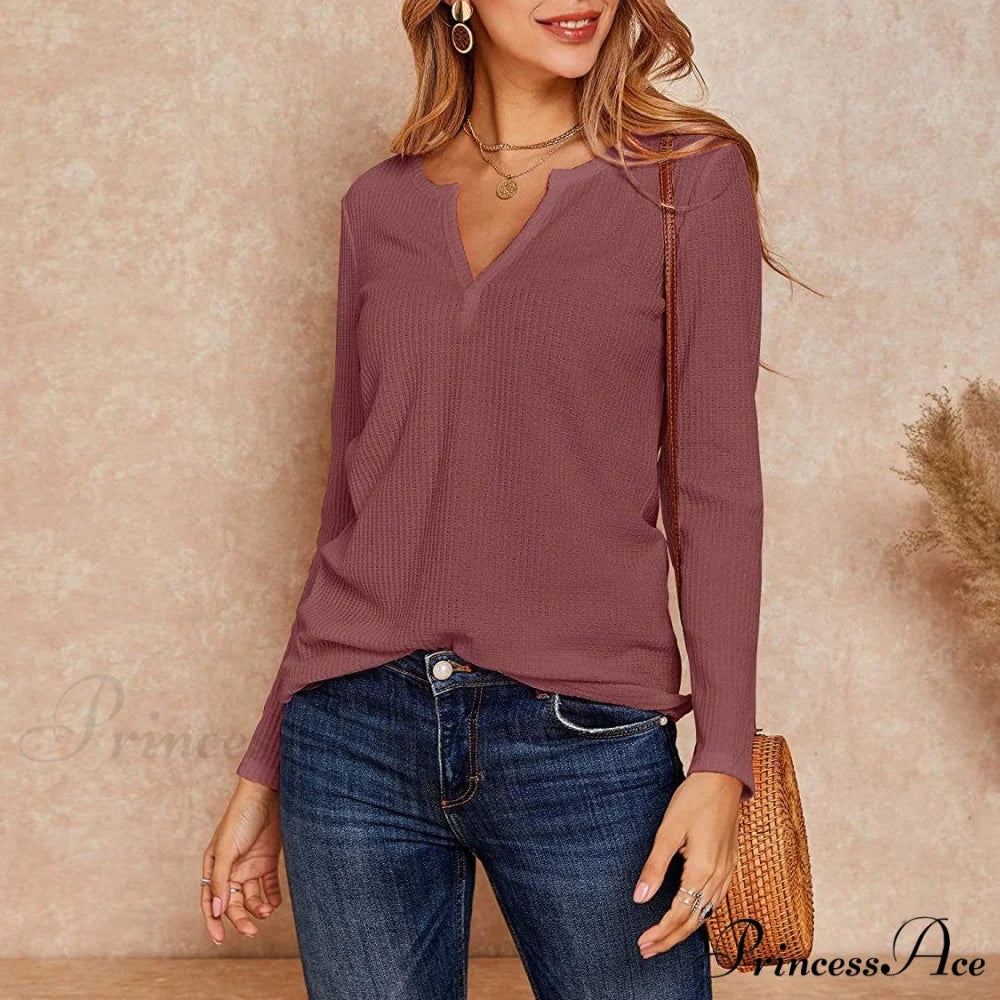 Waffle Neck Tops Knit Henley V for Women
