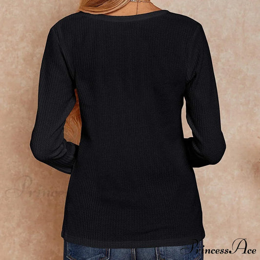Waffle Neck Tops Knit Henley V for Women