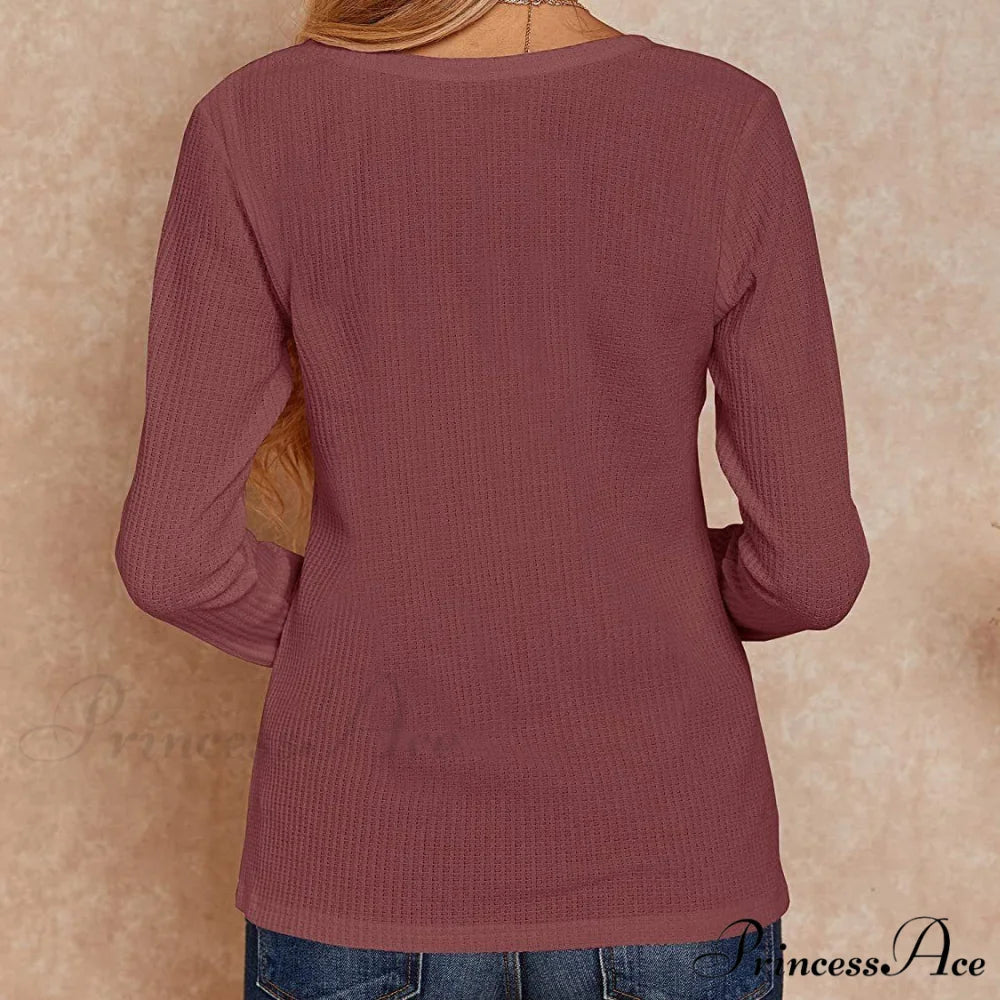 Waffle Neck Tops Knit Henley V for Women