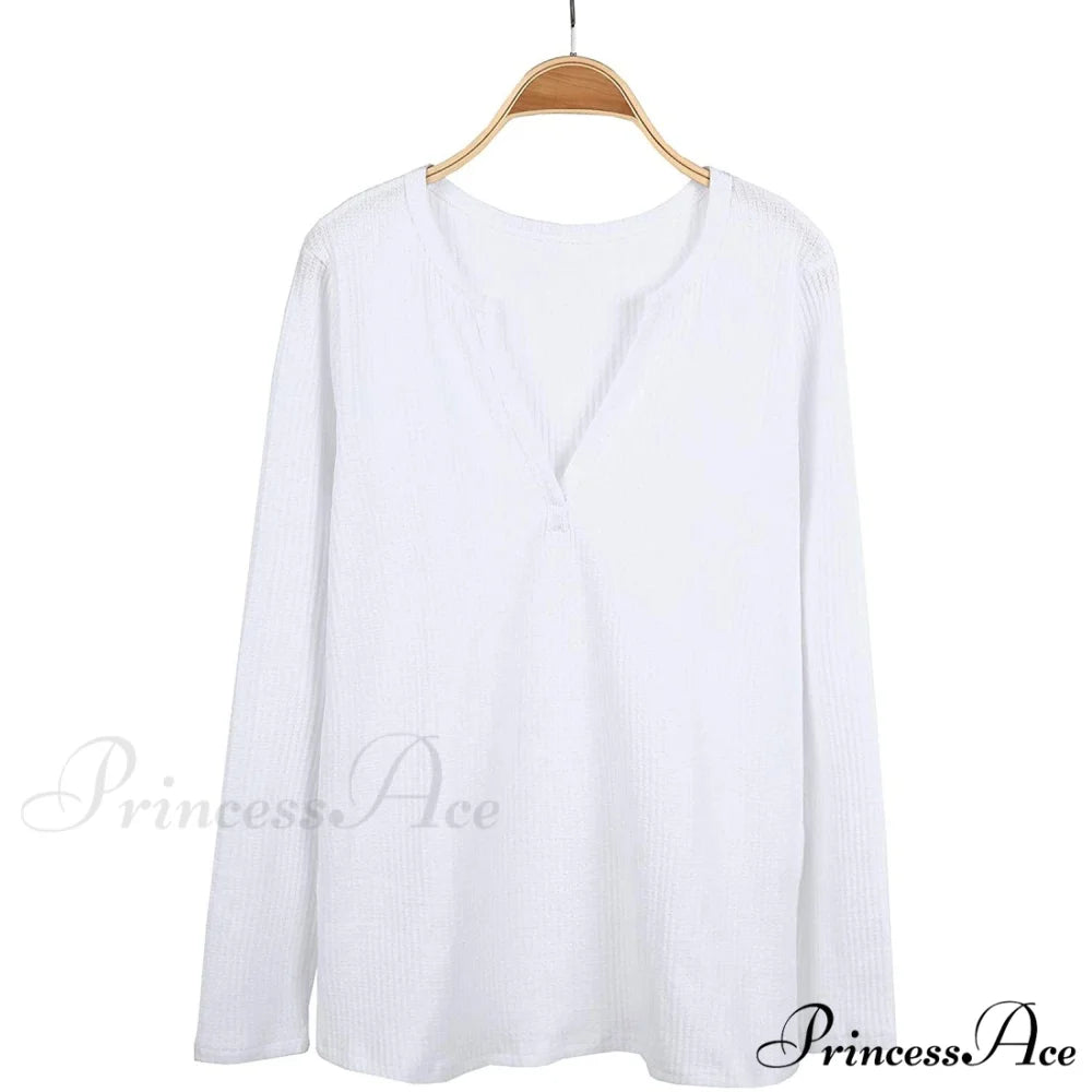 Waffle Neck Tops Knit Henley V for Women