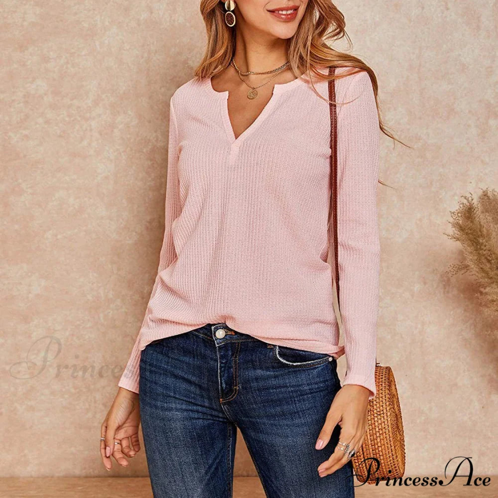 Waffle Neck Tops Knit Henley V for Women