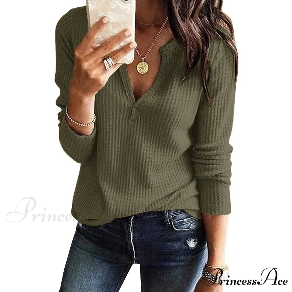 Waffle Neck Tops Knit Henley V for Women Army Green / S