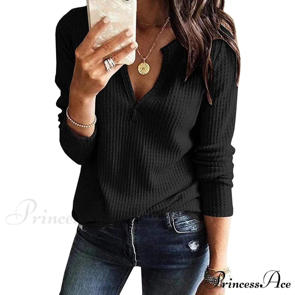 Waffle Neck Tops Knit Henley V for Women Black / S