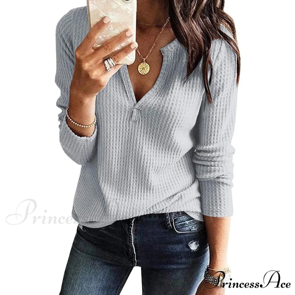 Waffle Neck Tops Knit Henley V for Women Gray / S