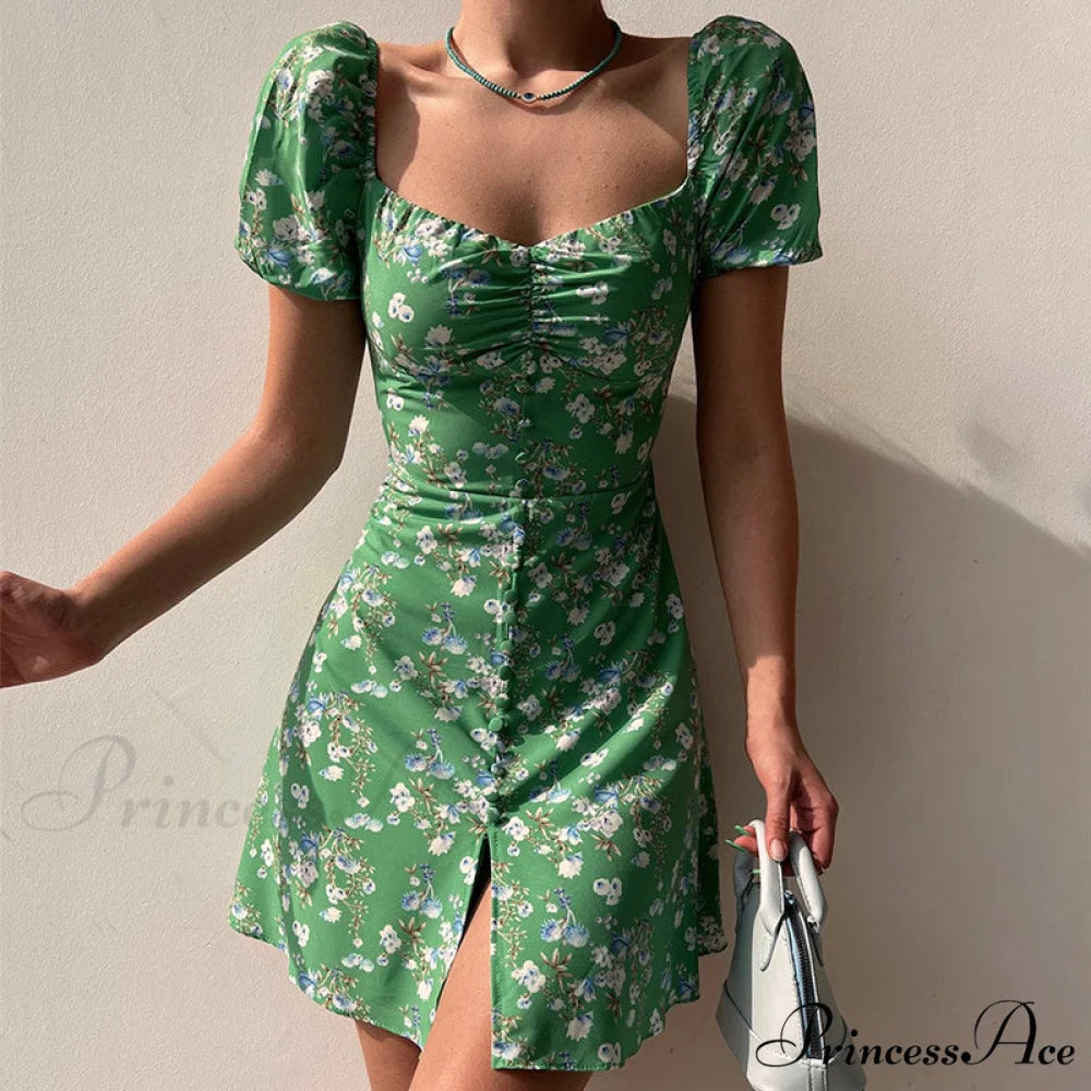 Waist Arm A-Line Puff Women’s V-Neck High Flowered Dress M / BLUE
