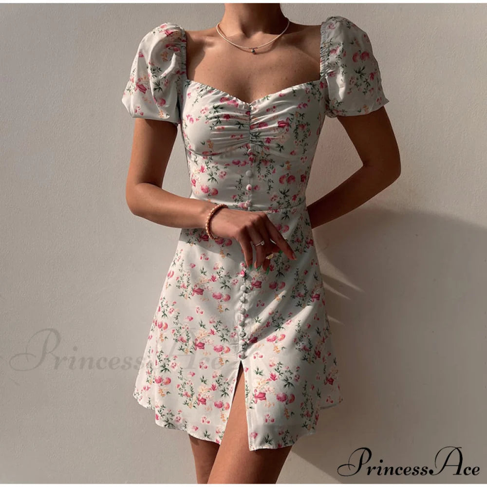 Waist Arm A-Line Puff Women’s V-Neck High Flowered Dress M / GREEN