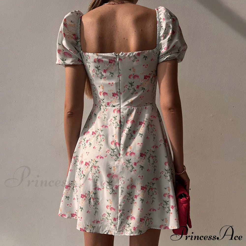 Waist Arm A-Line Puff Women’s V-Neck High Flowered Dress M / WHITE