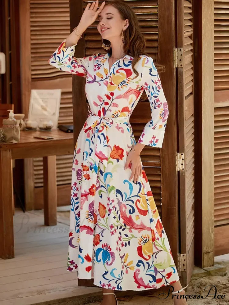 Waist Design Gown with Long Tie V-Neck Blouse Belt Sleeves