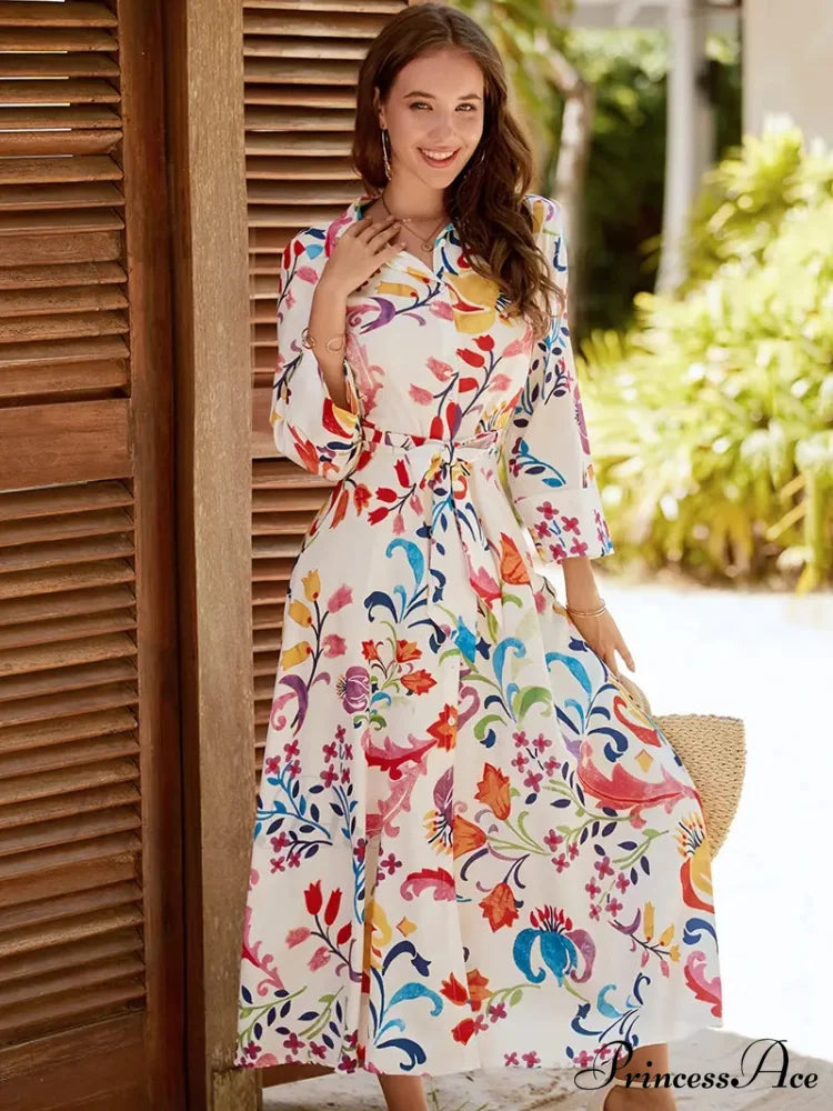 Waist Design Gown with Long Tie V-Neck Blouse Belt Sleeves