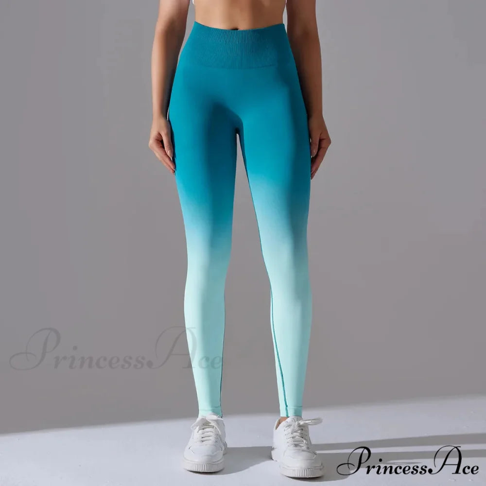 Waist Gradient Seamless Knitting Fitness Cycling Legging Blue / S