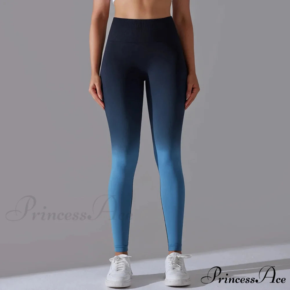 Waist Gradient Seamless Knitting Fitness Cycling Legging dark blue / S