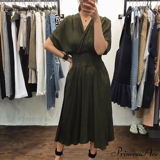Waist Hugging V-neck Fashion Sexy Maxi Dress Green / One Size