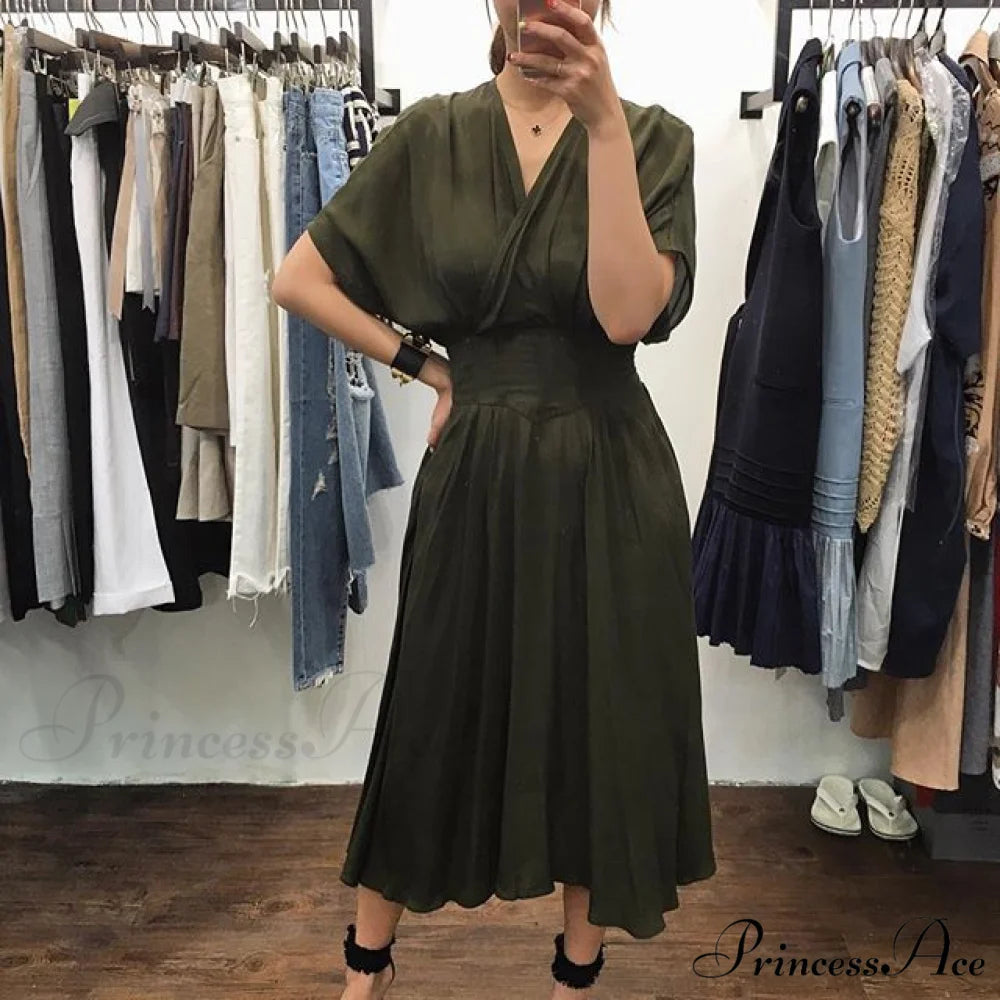 Waist Hugging V-neck Fashion Sexy Maxi Dress Green / One Size