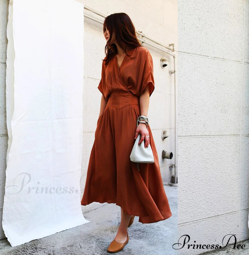 Waist Hugging V-neck Fashion Sexy Maxi Dress khaki / One Size