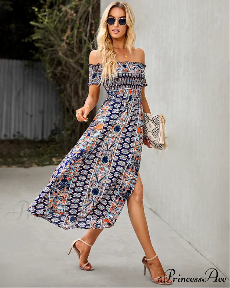 Waist Neck Puff Full-Length with Flowered Shoulder Arm Vintage Slash and Off Gown Bohemian Split