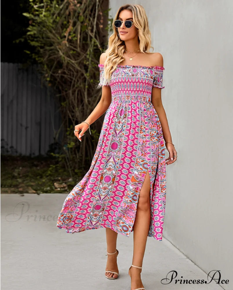 Waist Neck Puff Full-Length with Flowered Shoulder Arm Vintage Slash and Off Gown Bohemian Split L / BLUE