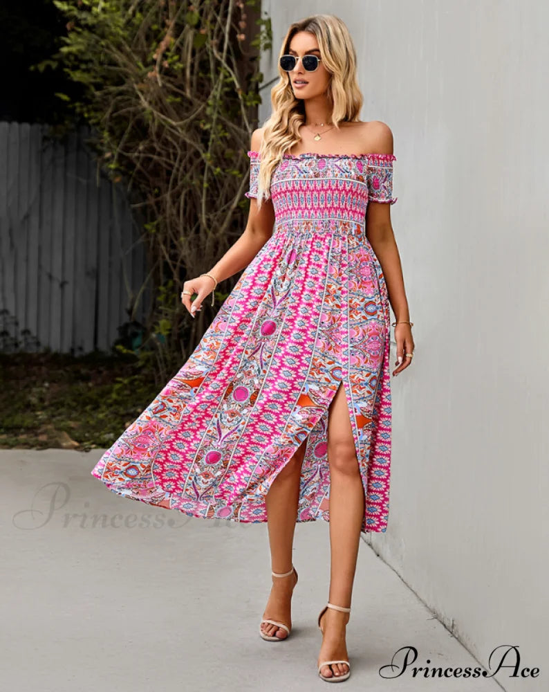 Waist Neck Puff Full-Length with Flowered Shoulder Arm Vintage Slash and Off Gown Bohemian Split L / GREEN