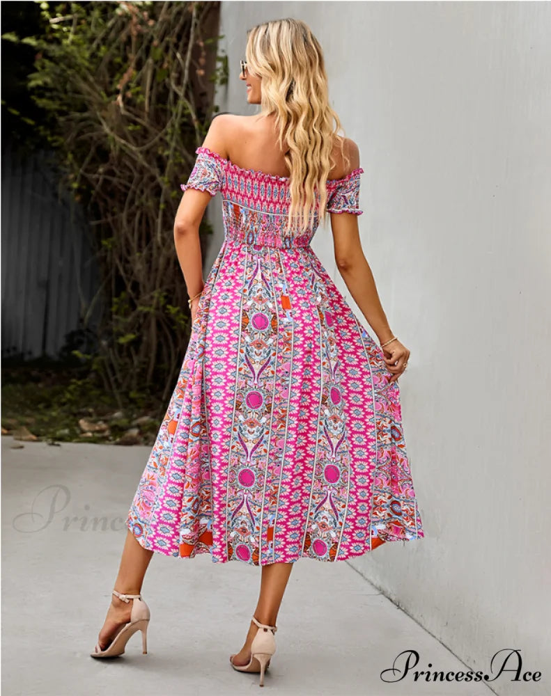 Waist Neck Puff Full-Length with Flowered Shoulder Arm Vintage Slash and Off Gown Bohemian Split L / PINK