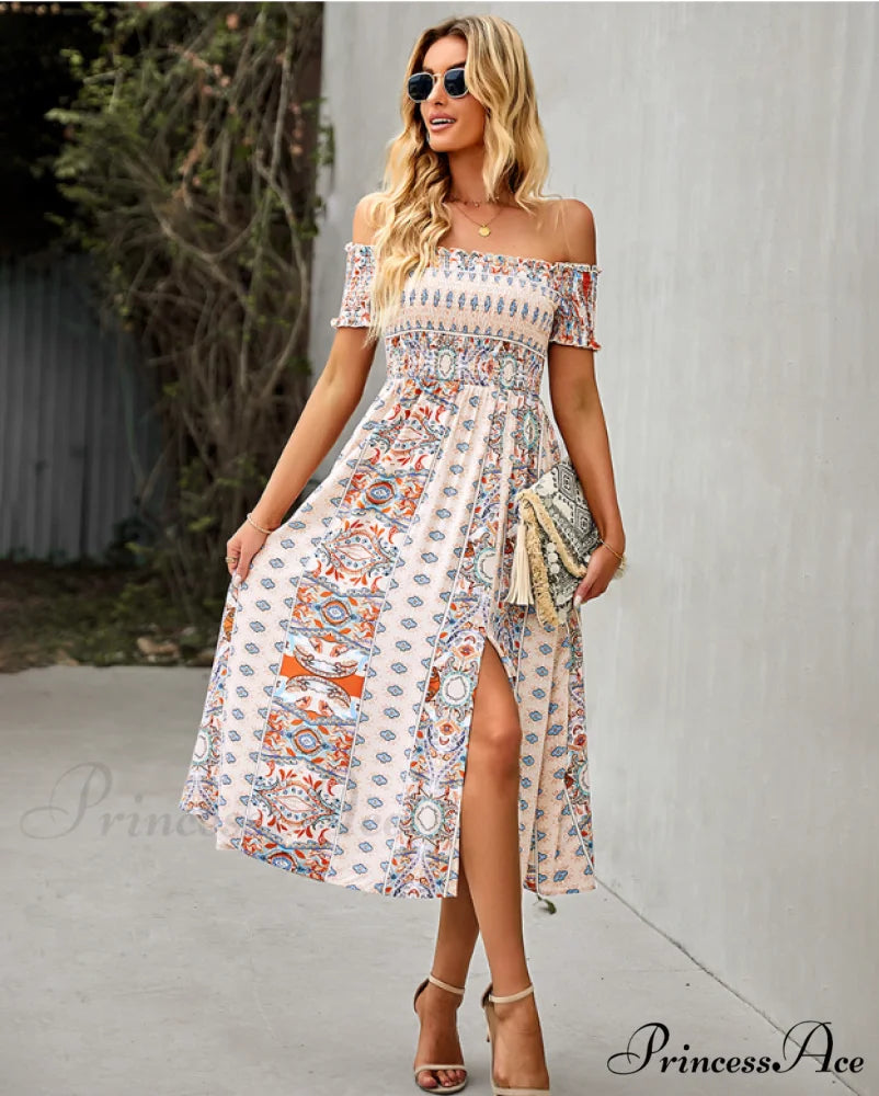 Waist Neck Puff Full-Length with Flowered Shoulder Arm Vintage Slash and Off Gown Bohemian Split M / KHAKI