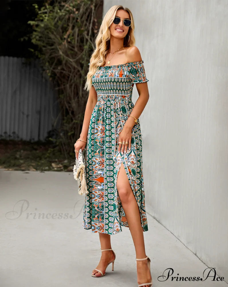 Waist Neck Puff Full-Length with Flowered Shoulder Arm Vintage Slash and Off Gown Bohemian Split S / KHAKI
