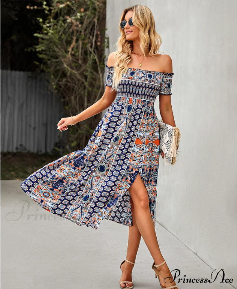 Waist Neck Puff Full-Length with Flowered Shoulder Arm Vintage Slash and Off Gown Bohemian Split XL / PINK
