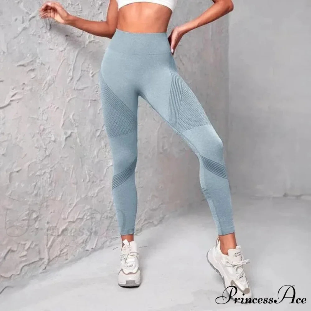 Waist Striped Mesh Fitness Outdoor Running Legging Blue / S