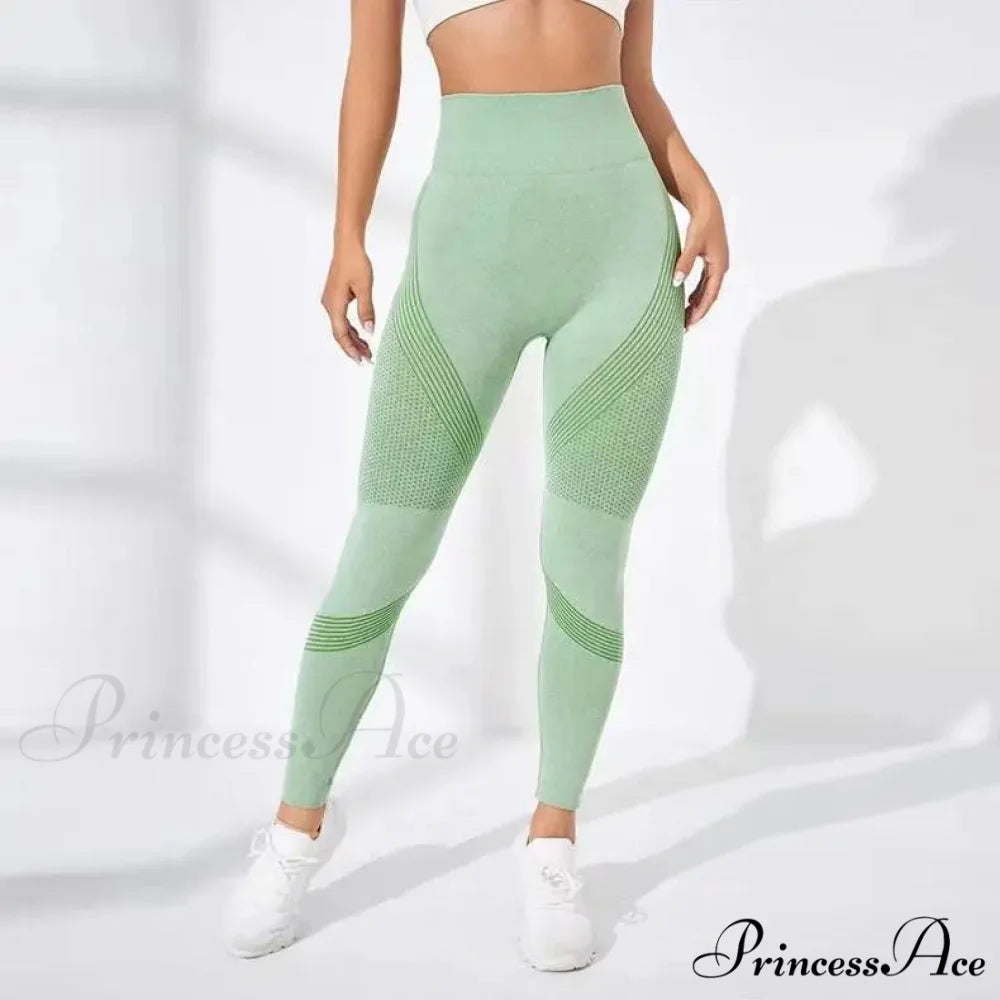Waist Striped Mesh Fitness Outdoor Running Legging Green / S