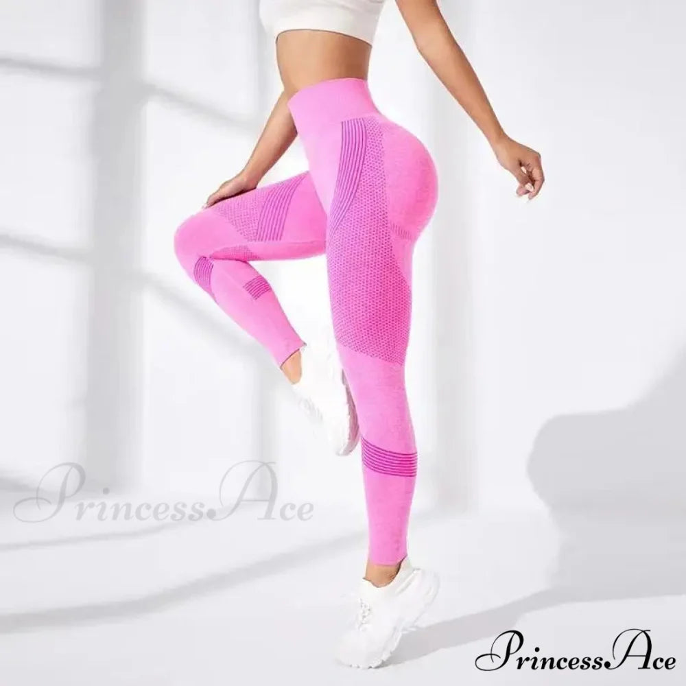 Waist Striped Mesh Fitness Outdoor Running Legging Pink / S