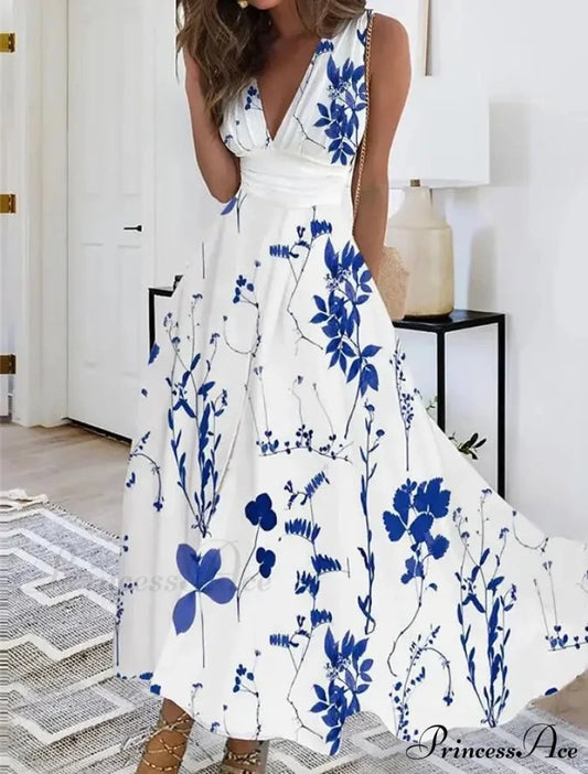 Warm Blossom Pattern Seductive Plunging Neckline Flared Flowered Dress Blue / S oldfloraldress-250126