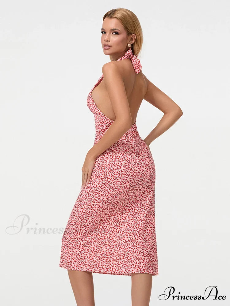 Warm Blossoming Backless Fasten-Up Halter Neck Midi Celebration Blossoming Dress floraldress-250126