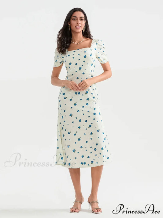 Warm Blossoming Midi Puff Sleeve A-Line Floral Dress floraldress-250126