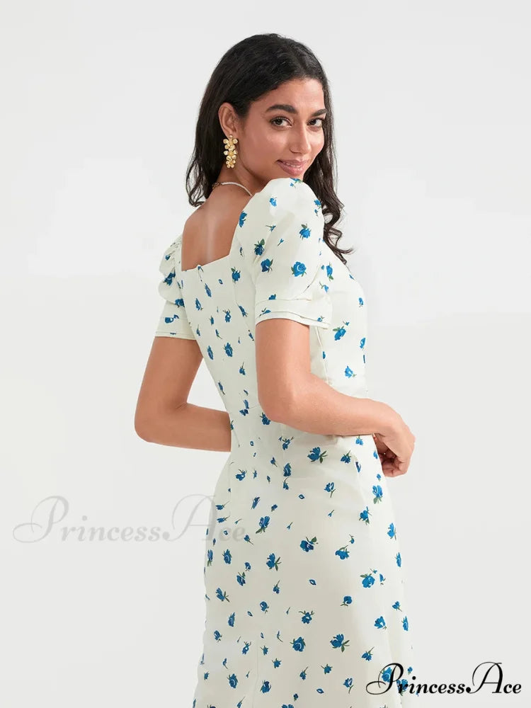 Warm Blossoming Midi Puff Sleeve A-Line Floral Dress floraldress-250126