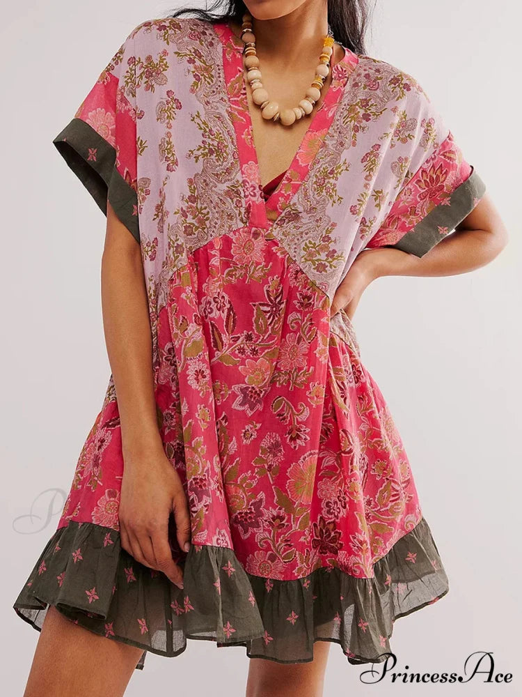 Warm Bohemian Babydoll Flower Pattern V-Neck Dress oldfloraldress-250126