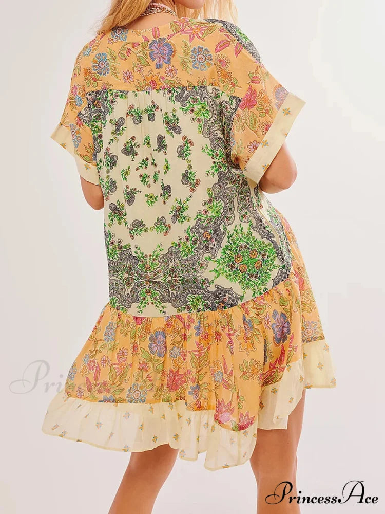 Warm Bohemian Babydoll Flower Pattern V-Neck Dress oldfloraldress-250126