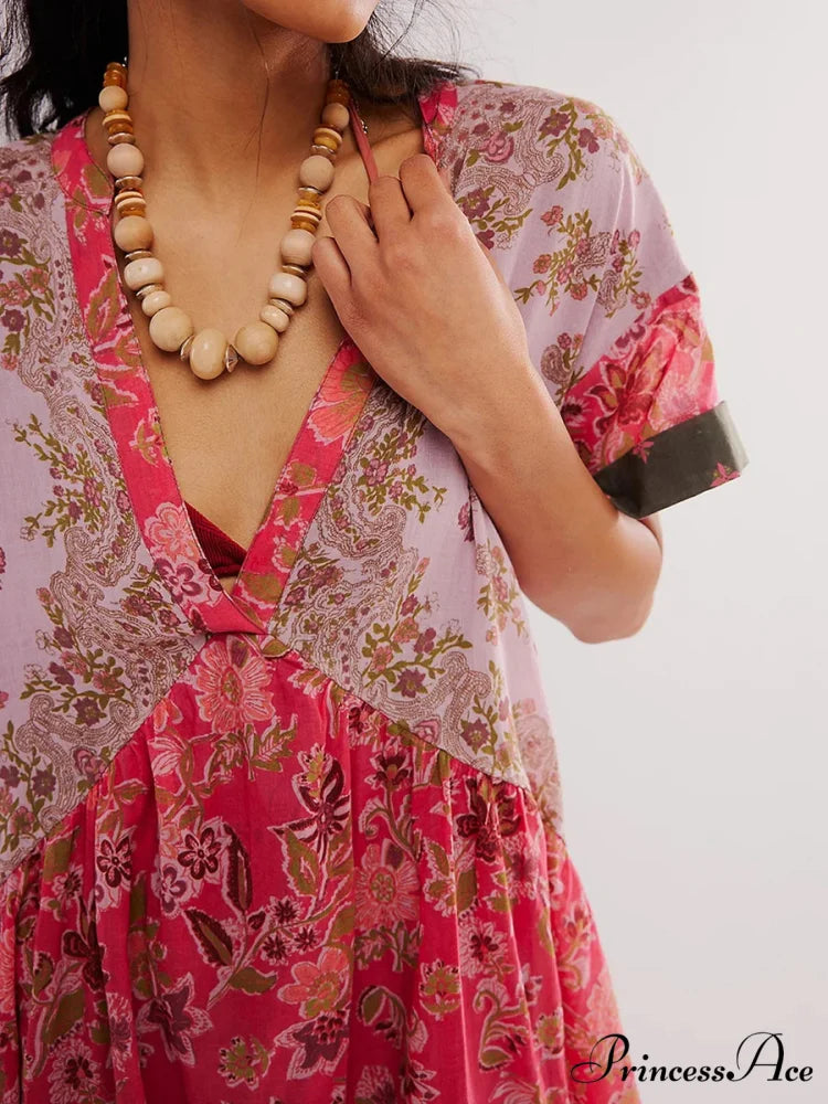 Warm Bohemian Babydoll Flower Pattern V-Neck Dress oldfloraldress-250126