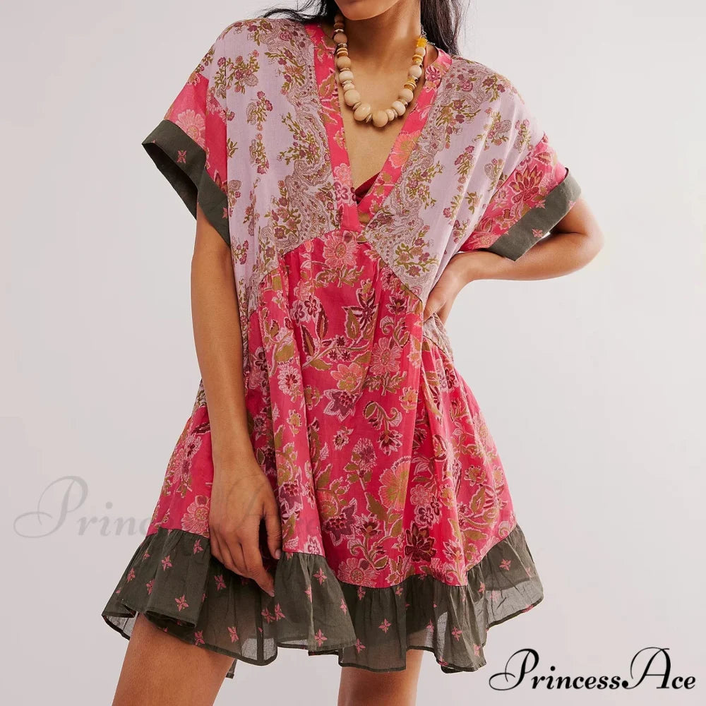 Warm Bohemian Babydoll Flower Pattern V-Neck Dress Red / S oldfloraldress-250126