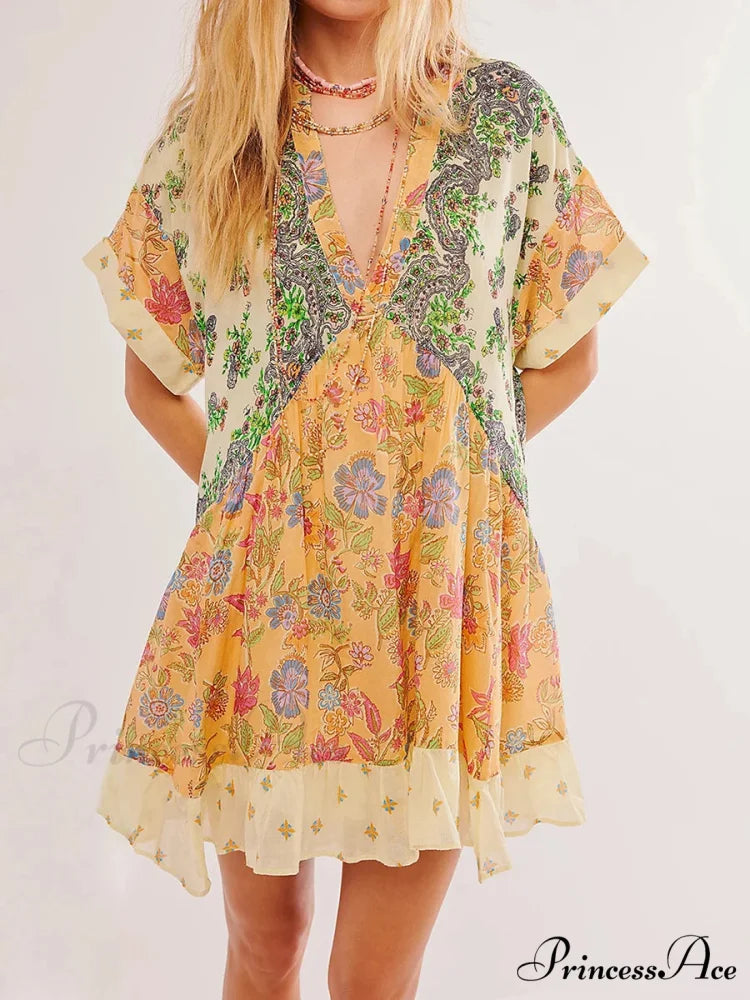 Warm Bohemian Babydoll Flower Pattern V-Neck Dress Yellow / S oldfloraldress-250126
