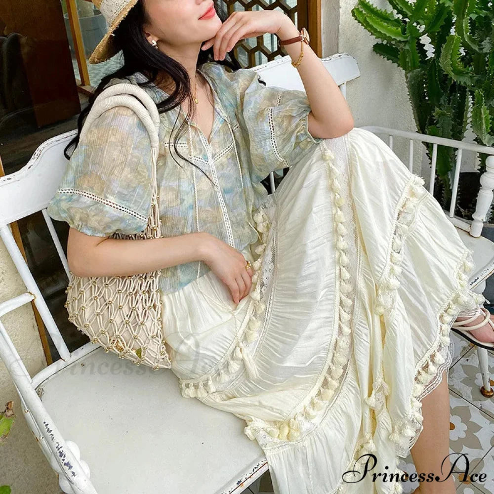 Warm Bohemian Skirts Elevated Waist Hollow A-line Maxi Skirts Vacation skirt-250126